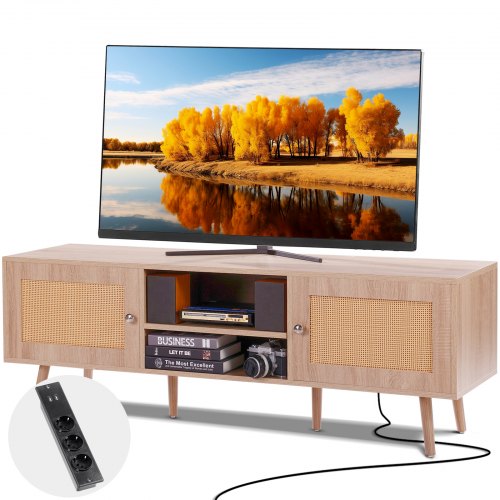 

VEVOR Mobile TV in Rattan, Mobile TV Moderno Mid Century per TV da 1651 mm, Mobile TV Boho in Rattan con Presa Integrata e Porte USB, Ripiani Regolabili per Soggiorno, Mobile Sala Multimediale, Rovere