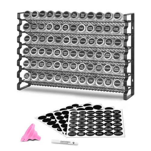 

VEVOR Organizzatore per Spezie per Armadietto con 72 Barattoli per Spezie Vuoti, Coperchi, Etichette per Spezie e Imbuto, Set Completo, Organizzatore per Condimenti 591x118x407 mm