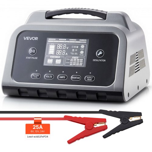 VEVOR Caricabatterie Intelligente 25 A per Auto per Batterie al Litio LiFePO4 Piombo Acido 6/12/24 V, Caricabatterie per Auto Moto Camper Barca Mantenitore di Carico Schermo LCD Desolfatatore