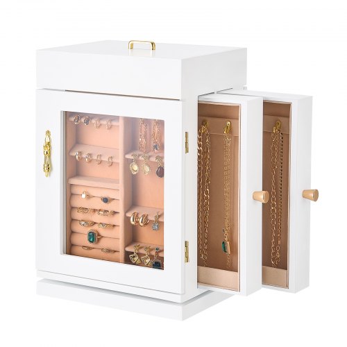 

VEVOR Portagioie, Organizzatore per Gioielli Rotante a 360° con Porta Magnetica, Finestra, 4 Ganci per Collane Incorporati, Maniglie in Metallo, Imbottitura Fondo, Fodera in Flanella, Bianco