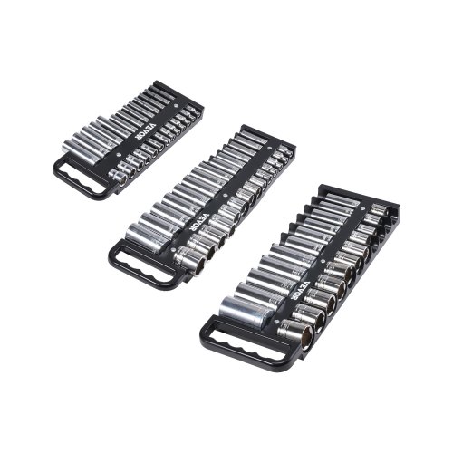 

VEVOR Vassoio Porta-Bussole Portatile 3 Pezzi, Set Porta-Bussole Metrico e SAE 1/4 3/8 1/2 Pollici con Maniglia Base Magnetica per Cassetto della Cassetta degli Attrezzi, Contiene Fino 76 Bussole