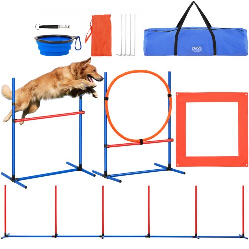 

VEVOR Attrezzatura per Addestramento Agilità per Cani, Set 4 Pezzi, Percorso a Ostacoli per Cuccioli, Ostacoli Altezza Regolabile, 6 Pali, Anello Salto, Scatola Quadrata per Pausa, Ciotola Pieghevole