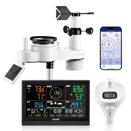 

VEVOR Stazione Meteorologica Wi-Fi con APP, Display VA da 190 mm, Sensore Esterno Wireless Alimentato a Energia Solare, Pluviometro, con Termometro per Piscina per Previsioni del Tempo Temperatura