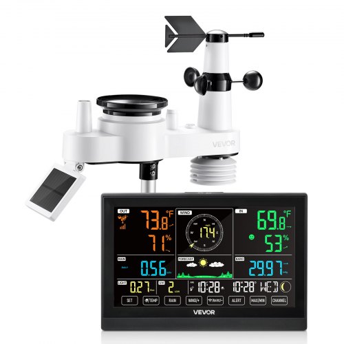 

VEVOR Stazione Meteorologica Wireless Senza WIFI, Display VA 190,5 mm, Sensore Esterno a Energia Solare, Pluviometro, per Interni ed Esterni, 7 Funzioni per Previsioni del Tempo, Temperatura, Umidità