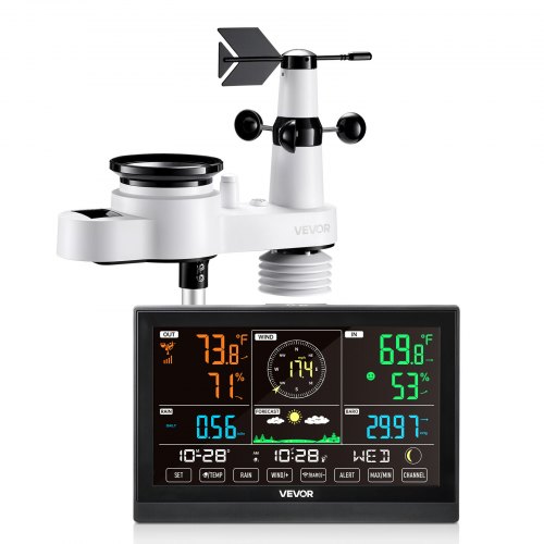 

VEVOR Stazione Meteorologica Wireless Senza WIFI, Display VA da 190,5 mm, Sensore Esterno a Energia Solare, Pluviometro, per Interni ed Esterni, 5 Funzioni Previsioni del Tempo, Temperatura, Umidità