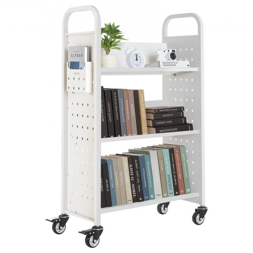 

VEVOR Carrello Portalibri con Ruote 770 x 380 x 1220 mm Carrello Rotante Porta Libri, Carico 150 kg Ripiani a V Monofacciali con Ruote Bloccabili 7,6 cm per Scaffali di Casa, Ufficio e Scuola, Bianco