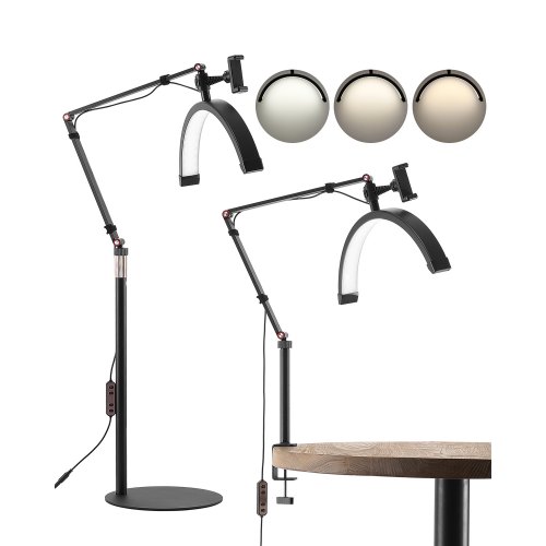 

VEVOR Lampada da Tavolo e da Pavimento per Centro Estetico LED Dimmerabile 20W, Lampada da Terra ad Arco con Supporto di Telefonino con Telecomando per Salone Bellezza Cura di Pelle Trucco