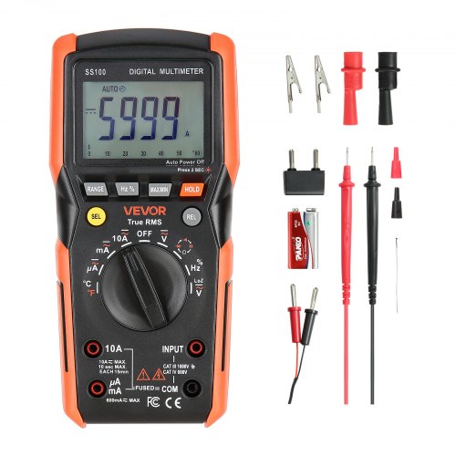 

VEVOR Multimetro Digitale, Voltmetro DC/AC TRMS da 6000 Conteggi, Multimetro a Gamma Automatica per Corrente, Tensione, Resistenza, Capacità, Temperatura, Diodi, Misurazione a Bassa Impedenza