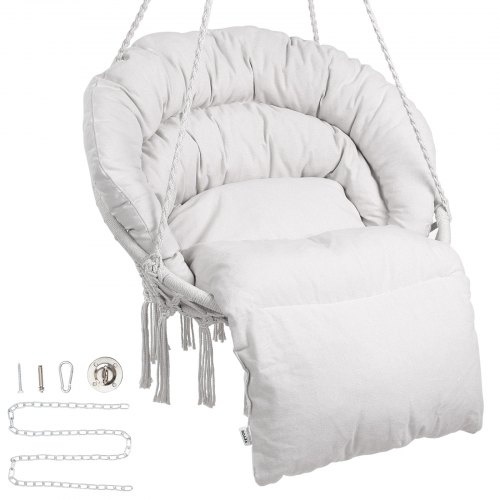 

VEVOR Poltrona sospesa, 150 kg, Poltrona sospesa girevole in macramè, Cuscino, Materiali di montaggio, Corda di cotone, Poltrona relax con frange, da giardino, Interno, Esterno, Beige