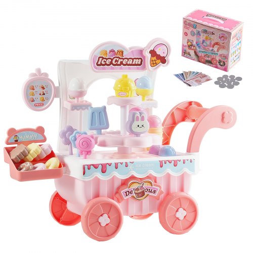 

VEVOR Carretto dei Gelati per Bambini, 27 Pezzi di Accessori, Negozio di Giochi di Finzione con Carrello Portaoggetti con Soldi Finti, Effetti Sonori e Luminosi, Giocattoli Educativi Rosa
