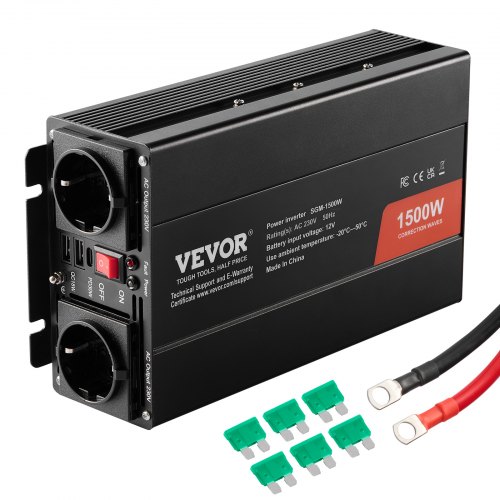 

VEVOR Convertitore di Potenza a Onda Sinusoidale Modificata, 1500W, DC 12V a AC 230V con 2 Prese AC, 2 Porte USB, 1 Porta Tipo C, 6 Fusibili di Ricambio, per Piccoli Elettrodomestici, Smartphone, PC