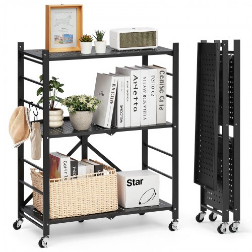 

VEVOR Scaffale Portaoggetti Pieghevole a 3 Ripiani con Ruote, Scaffale in Metallo Pieghevole, Robusto Resistente Senza Montaggio, Ideale per Garage, Cucina, Cantina Nero 330 x 710 x 910 mm