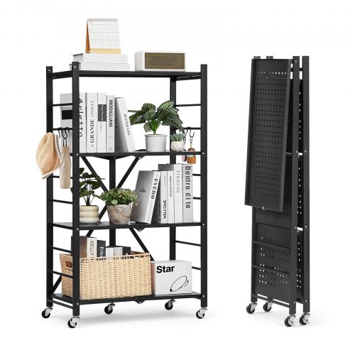 

VEVOR Scaffale Portaoggetti Pieghevole a 4 Ripiani con Ruote, 330 x 660 x 1170 mm, Scaffale in Metallo Pieghevole, Robusto, Senza Montaggio, Ideale per Garage, Cucina, Nero, Capacità 90,7 kg