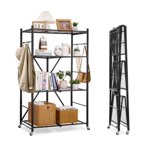 

VEVOR Scaffale Portaoggetti Pieghevole a 4 Ripiani con Ruote, Scaffale in Metallo Pieghevole, Robusto, Senza Montaggio, Ideale per Garage, Cucina, Nero, Capacità 90,7 kg 530 x 910 x 1520 mm