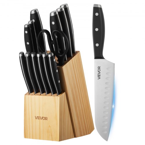 

VEVOR Set di Coltelli da Cucina con Ceppo Portacoltelli Legno di Pino e Acciaino da 15 Pezzi in Acciaio Inossidabile ad Alto Tenore di Carbonio, Coltello da Cucina con Impugnatura Ergonomica in ABS
