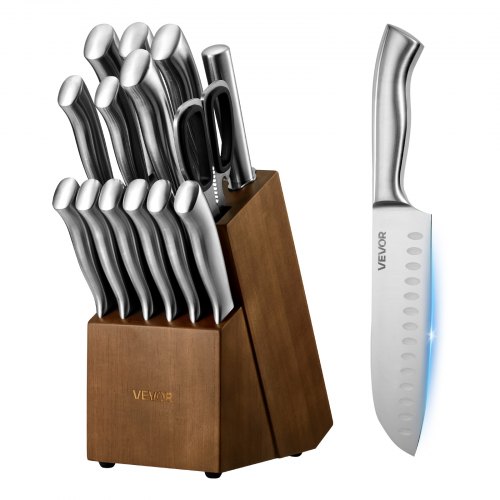 

VEVOR Set di Coltelli da Cucina con Ceppo Portacoltelli in Legno e Acciaino da 15 pz in Acciaio Inossidabile ad Alto Tenore di Carbonio, Coltello da Cucina con Impugnatura Ergonomica, per Cuochi