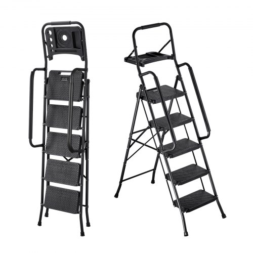 

VEVOR Scaletta Pieghevole Salvaspazio a 5 Gradini con Ampio Pedale Antiscivolo, Vassoio Portautensili, Corrimano Laterali Doppi, Scala Portatile in Acciaio, Multiuso per Cucina, Casa, Nero