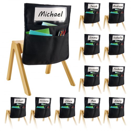 

VEVOR Tasche Portaoggetti per Sedia per Aula, 465 x 510 mm Confezione da 12, Tasca Portaoggetti per Schienale Sedia con Targhetta per Nome, per Bambini in Classe, Asilo, Scuola e Casa, Nero