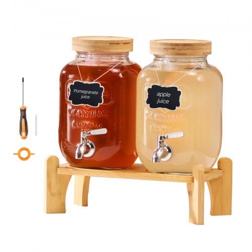 

VEVOR Distributore di Bevande, 2 Pezzi da 3,8 L, Contenitore di Succhi in Vetro con Supporto in Legno, Rubinetto in Acciaio Inox, Infusore, Distributore di Tè Freddo, Limonata, per Feste