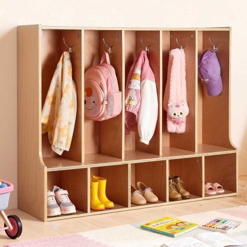 

VEVOR Armadio Porta Cappotti Scarpe per Bambini 5 Scomparti, Armadietto per Bambini in Legno Guardaroba per Spazio Asilo Nido Scuola Materna Casa Area Ricezione Scolastica, Armadietto con Ganci