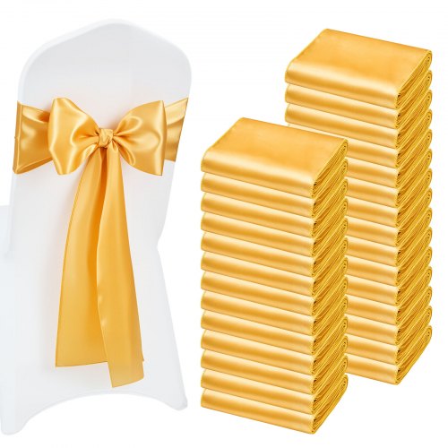 

VEVOR Fasce per Sedie in Raso con Fiocchi, Fasce per Sedie per Legare, Nastri per Sedia Fiocchi di Nozze per Matrimoni, Feste, Banchetti, Coprisedie per Banchetti, 275 x 17 cm, 100 Pezzi, Oro