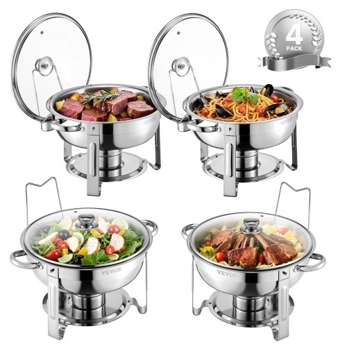 

VEVOR Set Scaldavivande a Buffet 4,7 L in Acciaio Inox con 4 Padelle, Distributore Calore Rotondo con Coperchio in Vetro, Vaschetta per l'Acqua e Supporto, per Matrimoni, Feste a Buffet, Argento