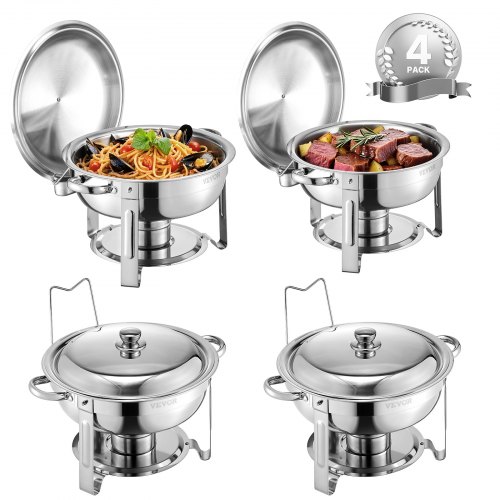 

VEVOR Scaldavivande per Buffet con 4 Padelle Full Size Dispenser di Calore Rotondo per Catering con Coperchio, Porta Carburante e Vaschetta per l'Acqua per Matrimoni, Feste, Argento 4,7 L