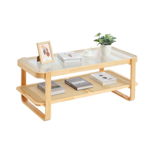 

VEVOR Tavolino Rettangolare in Rattan, Tavolo da Salotto con Piano in Vetro Temperato, Mobile Contenitore Moderno Tavolino da 115 cm, con Gambe in Legno Naturale, per Camera da Letto e Piccoli Spazi