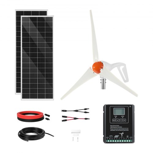 

VEVOR Kit di Energia Eolica Solare 12V 400W, 2 Pannelli Monocristallini da 100W, Turbina Eolica da 200W, Controller di Sistema Ibrido MPPT per Fuori Rete, Camper, Barca