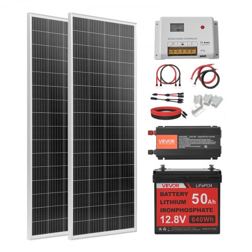 

VEVOR Kit Solare Completo 200W 12V Fuori Rete, con 2 Pannelli Solari Monocristallini da 100W, Batteria LiFePO₄ da 12,8V 50Ah, Regolatore di Carica da 40A, Inverter da 800W, per Camper, Barca