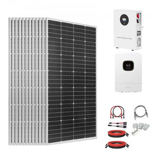 

VEVOR Kit di Energia Solare Completo 48V 2400W, 12 Pannelli Monocristallini da 200W, Batteria LiFePO₄ da 51,2V 100Ah, Inverter Ibrido 48V, Fuori Rete da Camper, Barche