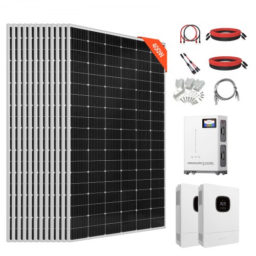 

VEVOR Kit di Energia Solare Completo 48V 4800W, 12 Pannelli Monocristallini da 400W, Batteria LiFePO₄ da 51,2V 300Ah, 2 Inverter Ibridi da 5000W, per Camper, Barche