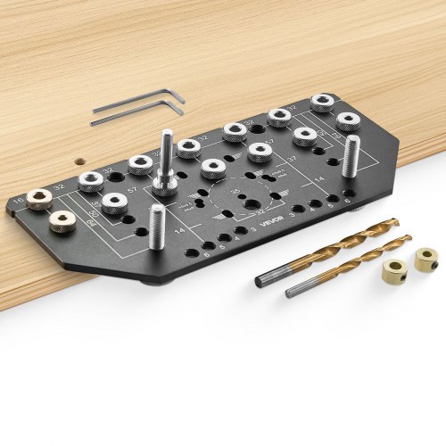 

VEVOR Dima per Perni di Mensola e Dima per Cerniere, Lega di Alluminio, Kit Tasselli Autocentranti con Punte da Trapano da 6,4 e 4,8 mm, per Ante di Mobili, Librerie, Armadi, Lavorazione del Legno