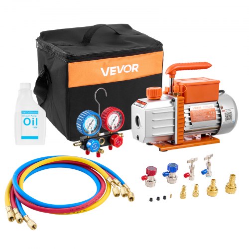 

VEVOR Set Pompa per Vuoto e Manometro AC 4,5 CFM 127 L/min, Pompa per Vuoto HVAC a Palette Rotanti Monostadio, Kit Manometro per R134a R22 R410a R1234YF R32, con per HVAC per Auto