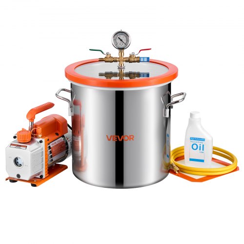 

VEVOR Pompa per Vuoto 3,5 CFM 99 L/min Camera per Vuoto Acciaio Inossidabile 18,92 L, 1 Stadio con Coperchio in Vetro Temperato, Kit di Pompa con Tubo da 1,5 m per Stabilizzazione del Legno