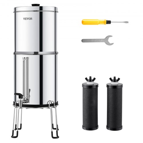 

VEVOR Sistema di Filtraggio Acqua a Gravità Sistema in Acciaio Inox Sistema Filtraggio Acqua 7+8,5 L, Riduce Piombo e Cloro, con 2 Filtri al Carbone, Indicatore del Livello dell'Acqua, Camper