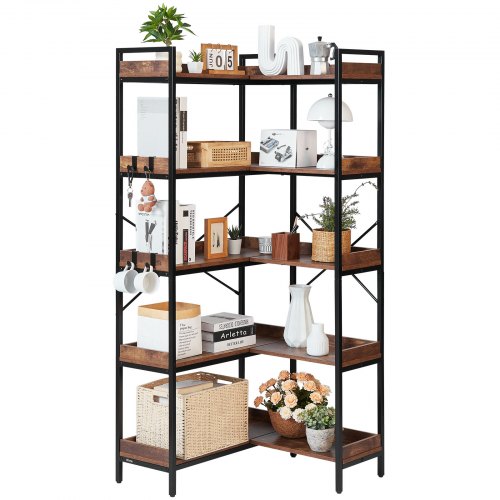 

VEVOR Libreria Angolare a 5 Ripiani, Scaffale ad Angolo con 4 Ganci, Libreria a L con Struttura in Metallo e Ripiani in Legno, Scaffale Espositivo Reversibile per Camera da Letto, Soggiorno, Ufficio