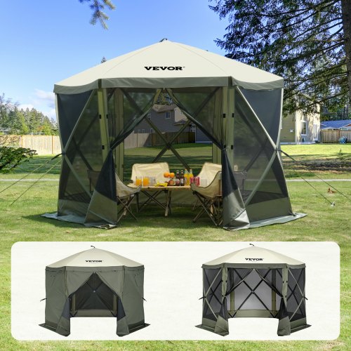 VEVOR Gazebo Pop-Up, Tenda con Schermo Pop-Up, Baldacchino su 6 Lati, Riparo da Sole 6 Panni Antivento Rimovibili Finestre in Rete, con Zanzariera Schermo a Montaggio Rapido 3,05 x 3,05 m Verde