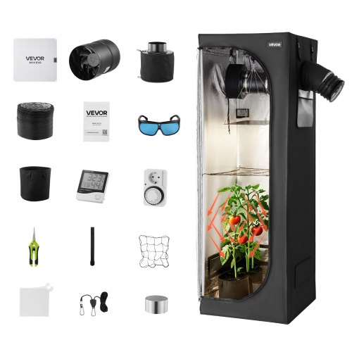 

VEVOR Kit Completo per Tenda da Coltivazione da Interno 60x60x180 cm Tenda da Coltivazione con Illuminazione LED a Spettro Completo, Sistema di Ventilazione, Mylar 600D, per Fiori Verdure