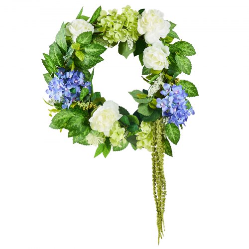 

VEVOR Ghirlanda Decorativa Artificiale, 58,42 cm, Blu Bianco Verde, Decorata con Ortensie, Rose, Bacche, Viti, Ghirlanda Tutto l'Anno, Decorazione Interni Esterni, Pareti di Casa, Finestre e Festival