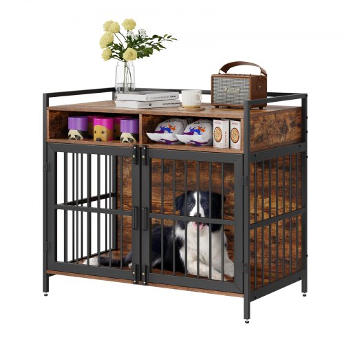 

VEVOR Gabbia per Cani 104 x 59 x 91cm Moderna Gabbia per Cane in Legno Tavolino Portaoggetti Uso Interno Doppia Porta Vassoio Facile Montaggio per Cani Capacità Max.136kg, Gabbia Cani Marrone Rustico