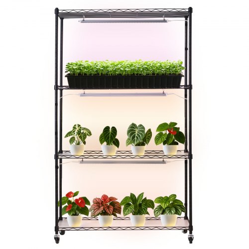 

VEVOR Scaffale per Piante con Luci di Coltivazione, Supporto per Piante da Interno a 4 Livelli, Espositore Alto 150 cm con Ruote, Luci di Coltivazione a Spettro Completo a 3 Colori da 90 W