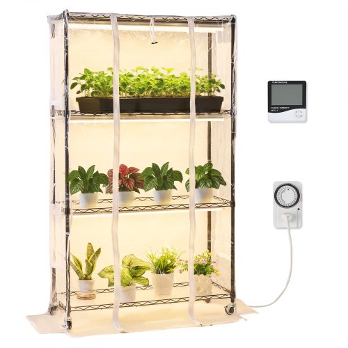 

VEVOR Serra da Interni con Luci di Coltivazione, Supporto per Piante a 4 Livelli, Espositore Alto 150 cm con Copertura Trasparente, Timer e Igrometro, Luci di Coltivazione a Spettro Completo da 180 W