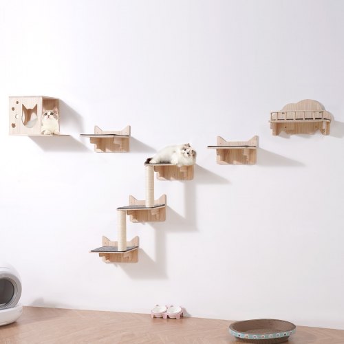 

VEVOR Mensole da Parete per Gatti Set da 5, Posatoi Montati a Parete per Gatti con Trampolini, Nido, Barriera, Albero per Gatti, Set di Mobili da Parete per Gatti Fino a 18,14 kg per Dormire, Giocare