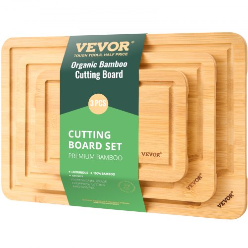 

VEVOR Tagliere in Bambù Versatile di Alta Qualità, 3 Pezzi, Tagliere Robusto e Durevole con Maniglia Integrata, con Scanalatura per Olio e Succo di Qualità Alimentare, per Esporre, Tagliare e Servire