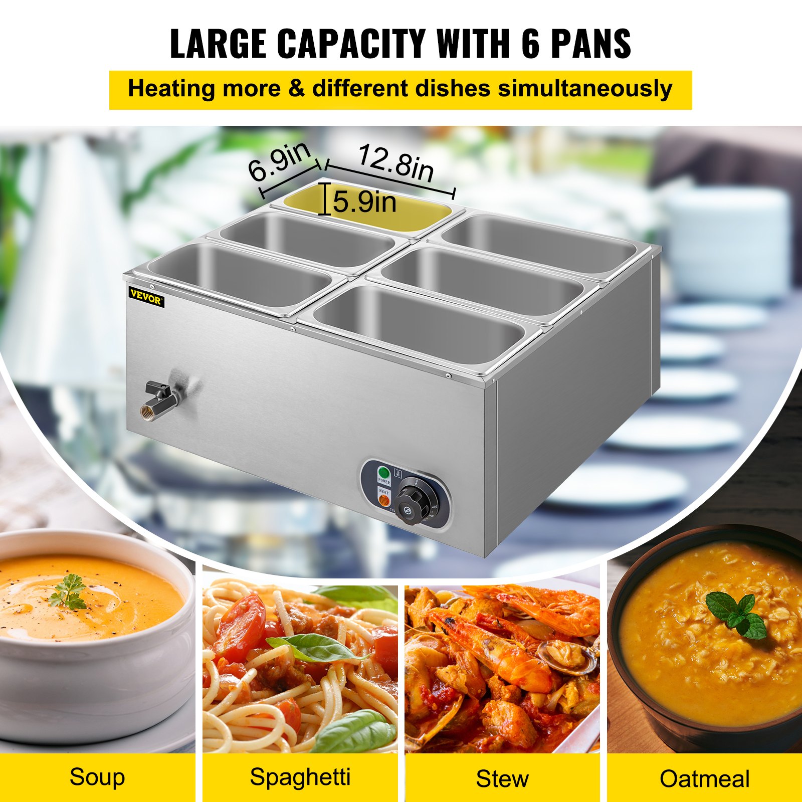 Scaldavivande Elettrico Bain Marie Professionale - 6 Pentole 1/6 GN, Acciaio Inox - Foto 3