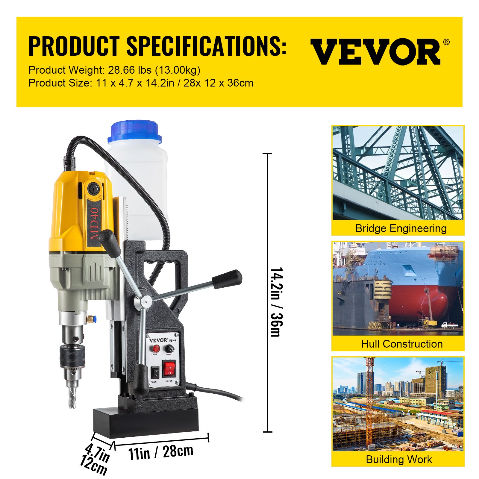 Trapano A Colonna Magnetico VEVOR 1400W – Foratura Fino A 50 Mm, Velocità 0-850 Giri/min, Base 10000 N, Con 11 Punte A Corona