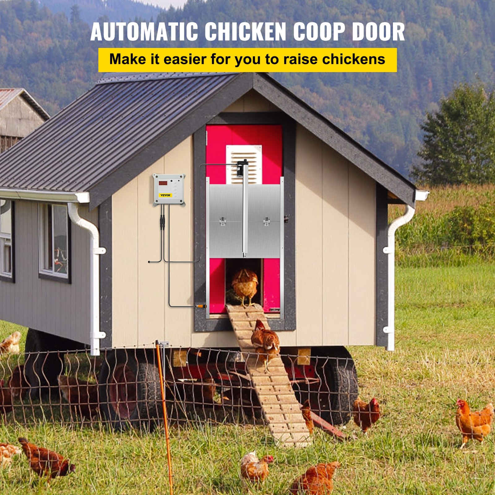 VOSS.farming Apriporta Automatico per pollaio Poultry Kit con sensore di Luce, Timer e comandi manuali + Porta Scorrevole 220 x 330 mm