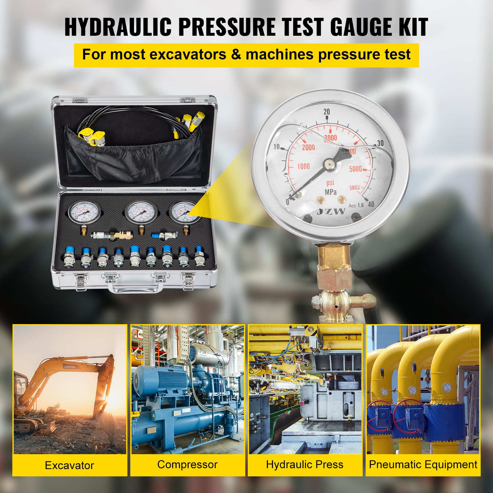 Kit Prova Pressione Idraulica VEVOR - 3 Manometri Fino 600 Bar, 6 Giunti, Per Escavatori