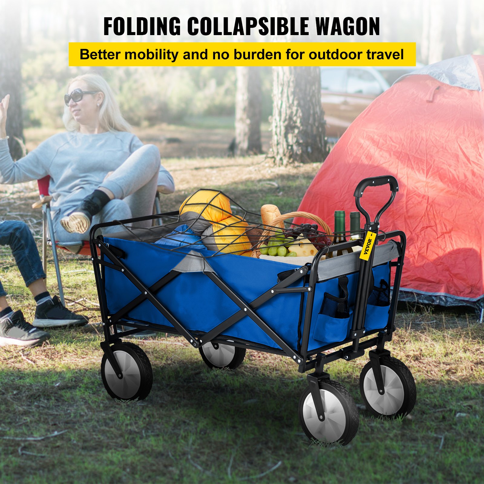 Carrello pieghevole da spiaggia con tasca laterale e portabevande maniglia regolabile da giardino carrello da spiaggia per qualsiasi terreno campeggio e shopping all'aperto